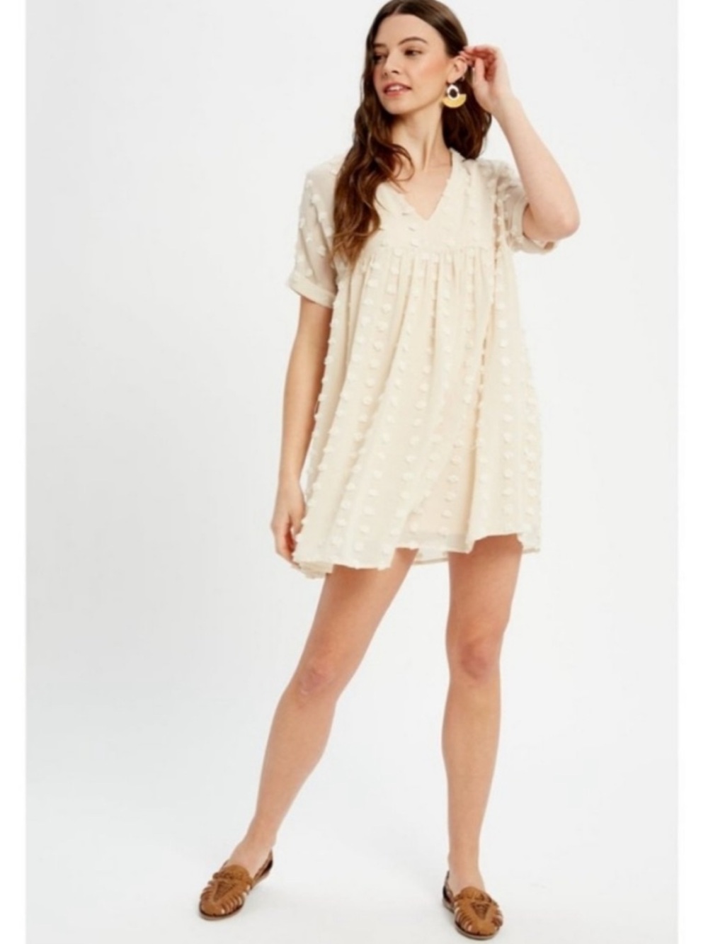 Cream Swiss Dot V-Neck Babydoll Dress